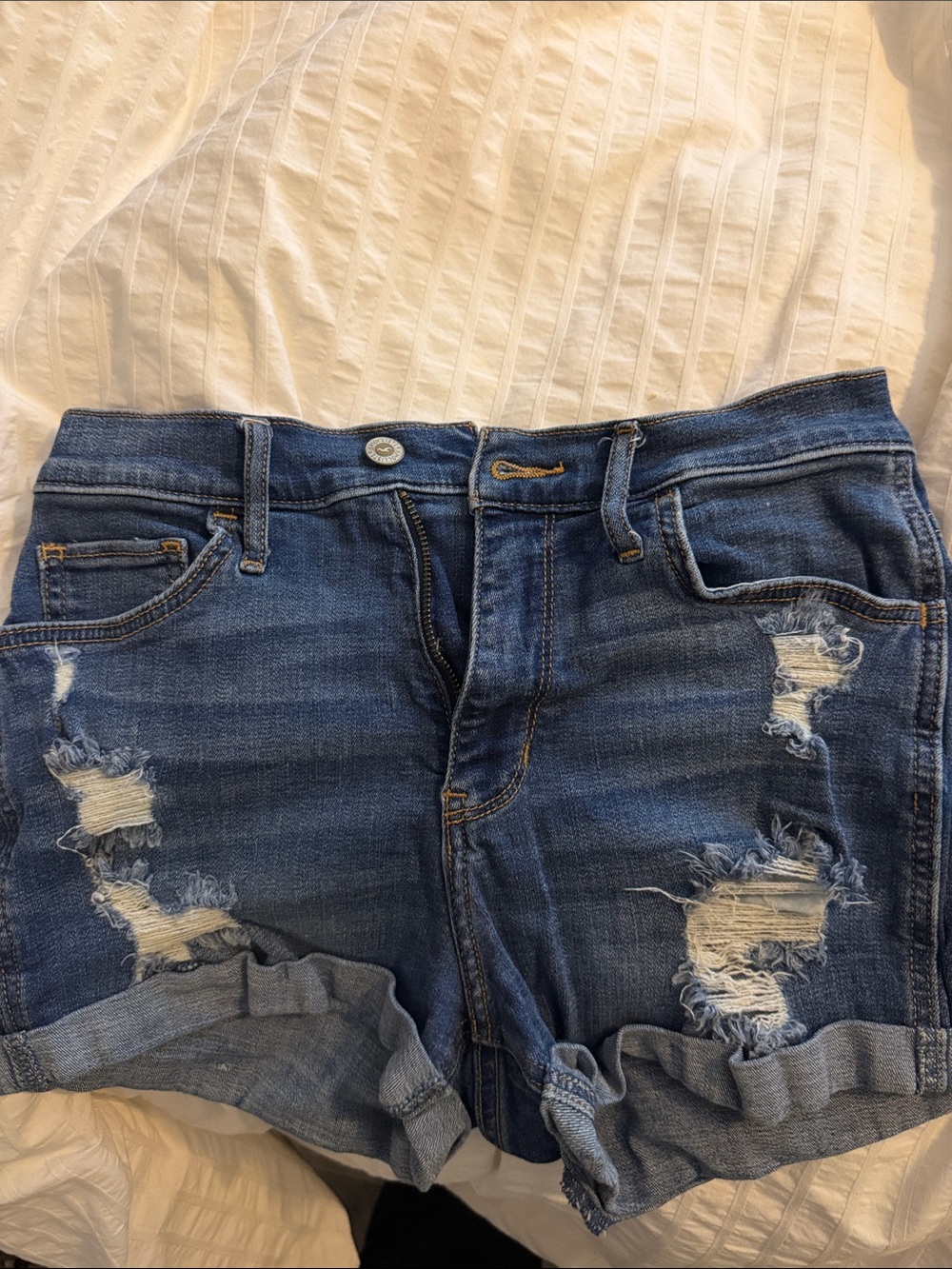 Hollister Distressed Blue Denim Rolled Hem Shorts